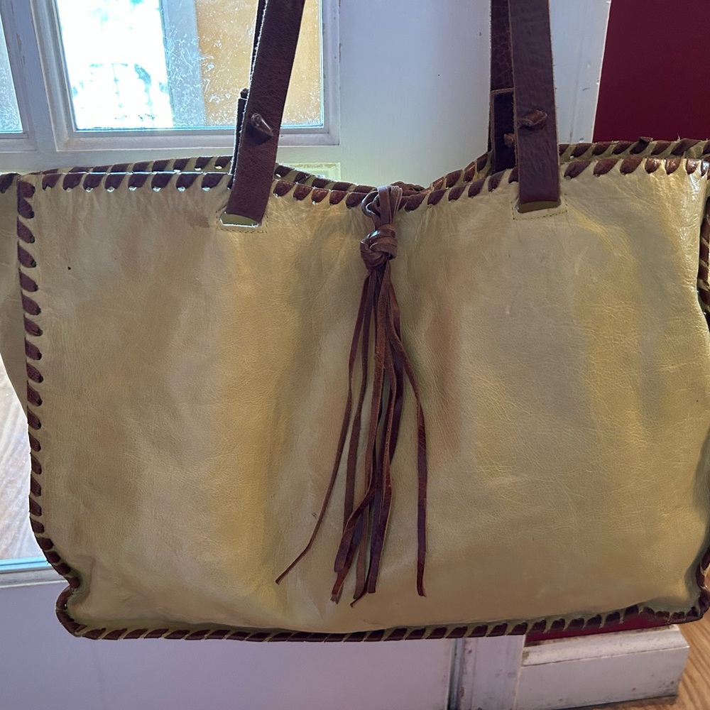 Carla Mancini Tote Bag-yellow/ gold with brown leather straps, & fringe in front